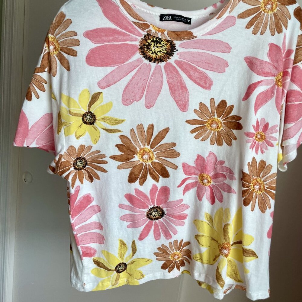 Zara Floral Top Pink Flower Tee Short Sleeve Size M White/Multi Cotton